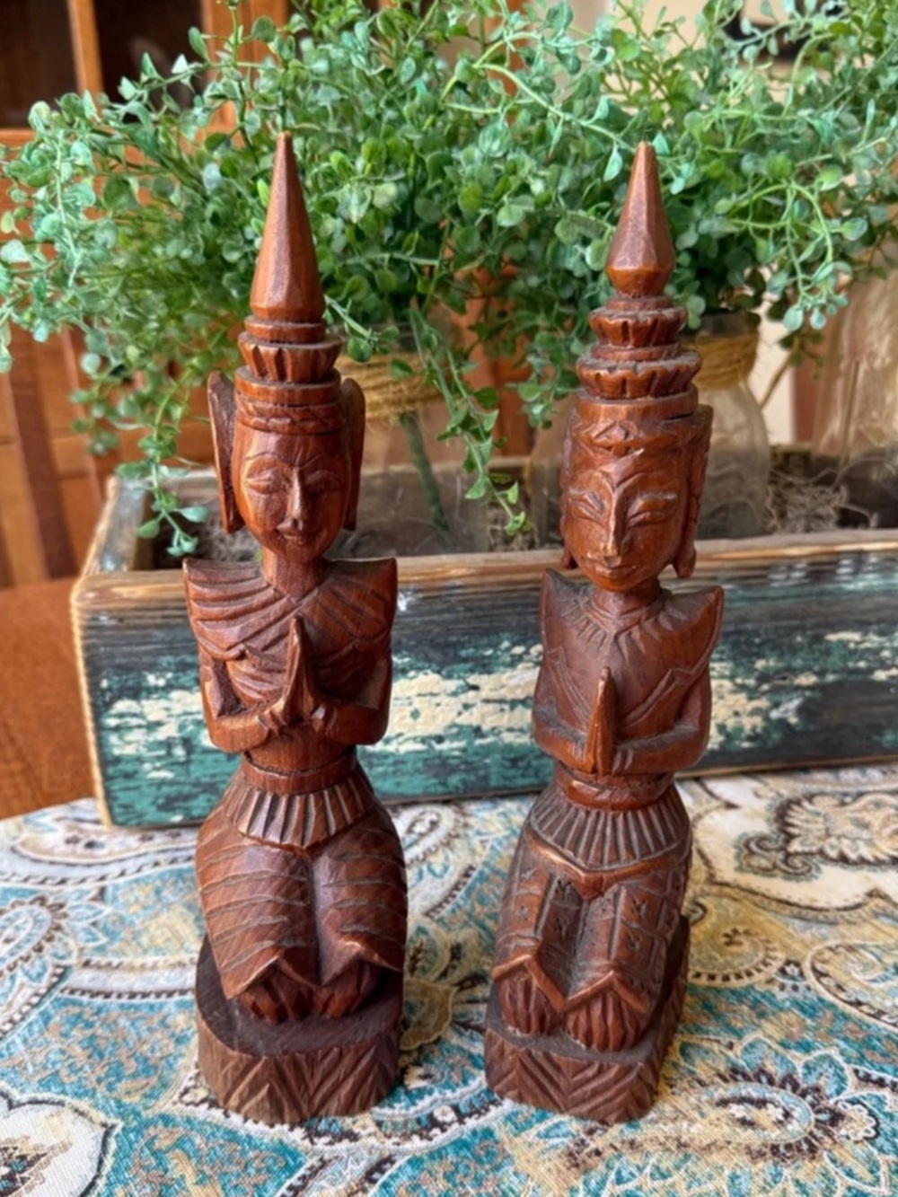 Pair 9" Vtg Authentic Hand Carved Thai Buddhist Teppanom Temple Guardians